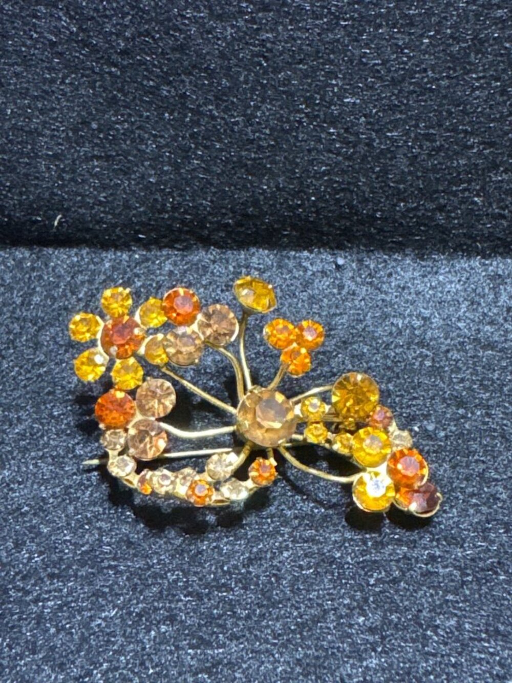 Vintage Floral Gold-Tone Rhinestone Brooch Pin Amber & Yellow Gemstone Pre-Owned